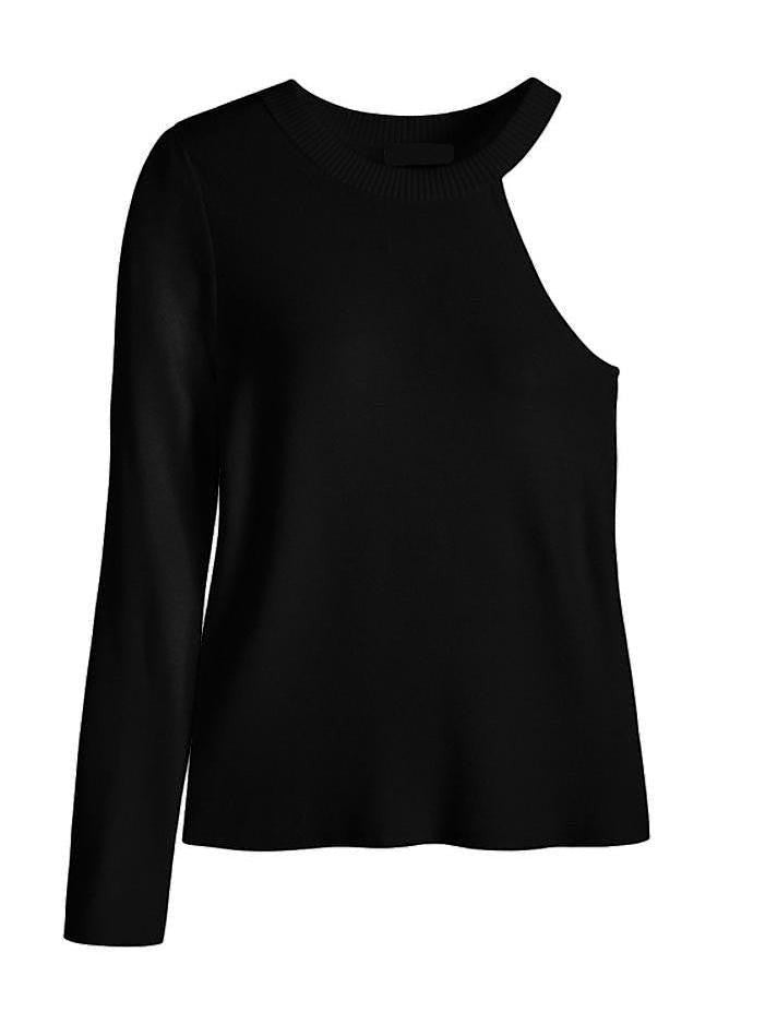 CAL JUNE The Arden black one shoulder knit top with long sleeve and asymmetrical design