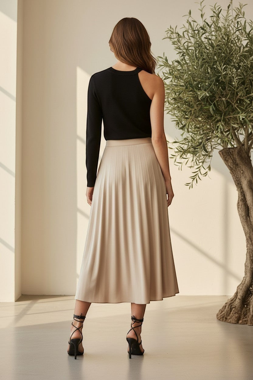 CAL JUNE black knit one-shoulder top with long sleeve on one side and sleeveless on the other.