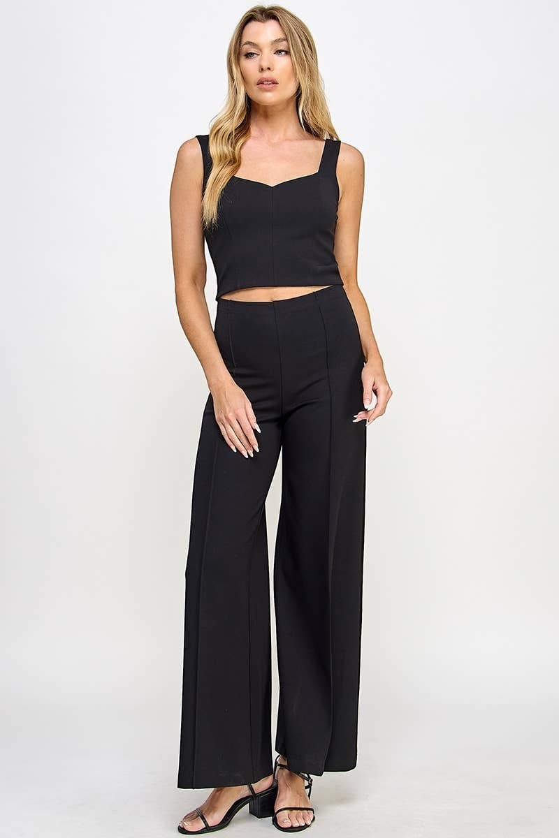 CAL JUNE black ponte wide-leg pants with front seam detail, designed to elongate the silhouette.