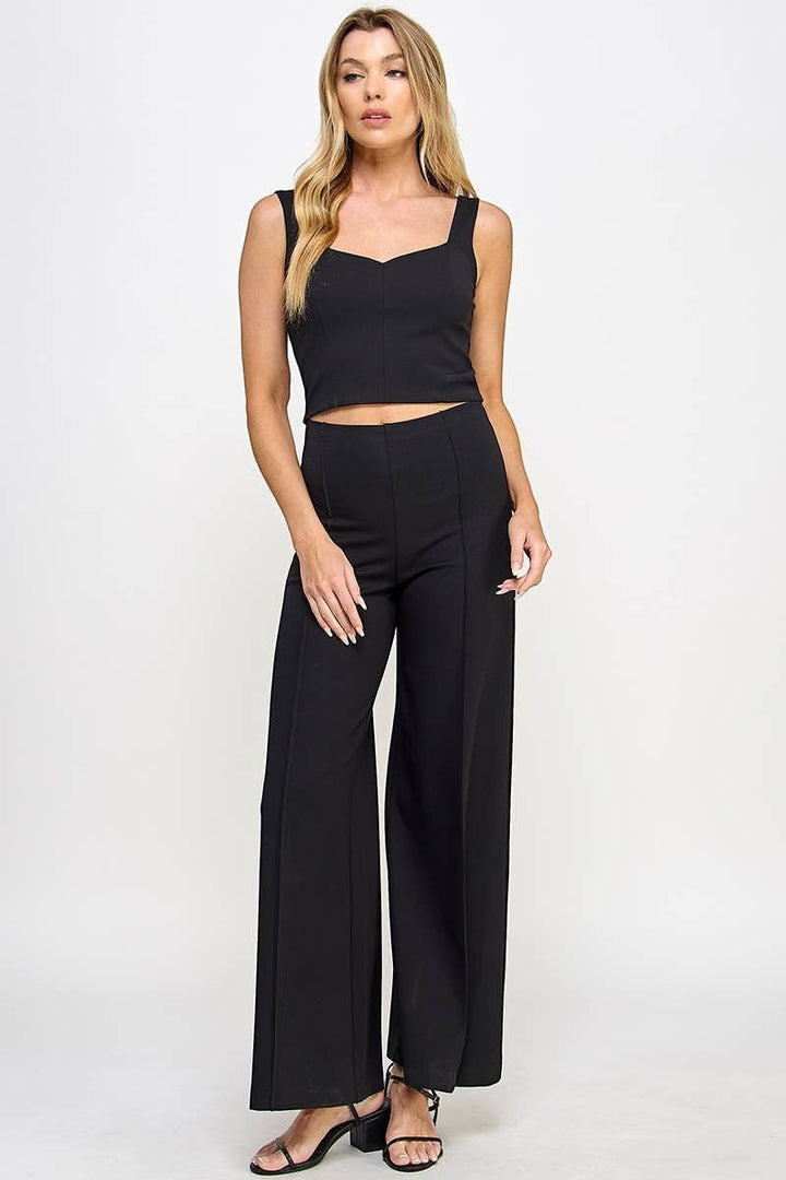 CAL JUNE black ponte wide-leg pants with front seam detail, designed to elongate the silhouette.