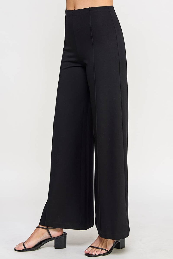 CAL JUNE black ponte wide-leg pants with a sculpted fit and front seam detail.