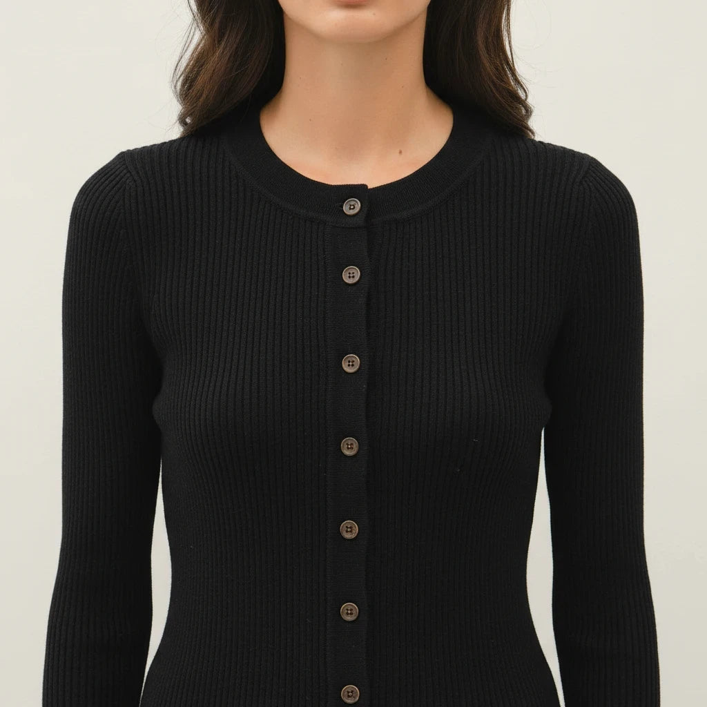 CAL JUNE Valentine slim-fit black ribbed knit cardigan with crew neckline and full button-front closure