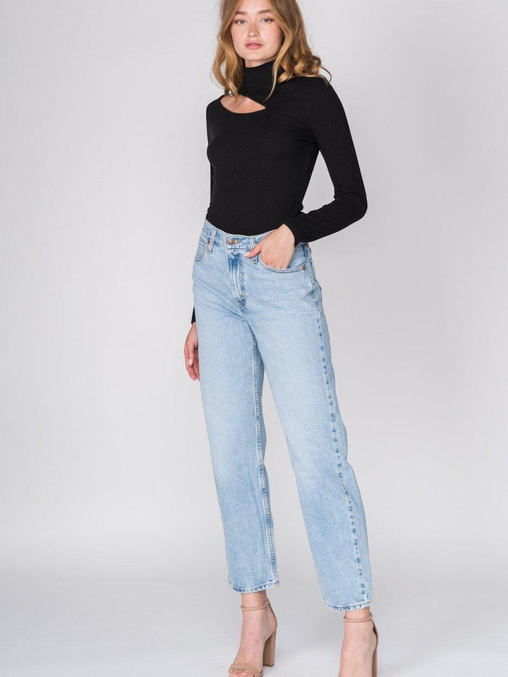 CAL JUNE black ribbed knit long-sleeve top with mock neck and chest cutout detail.