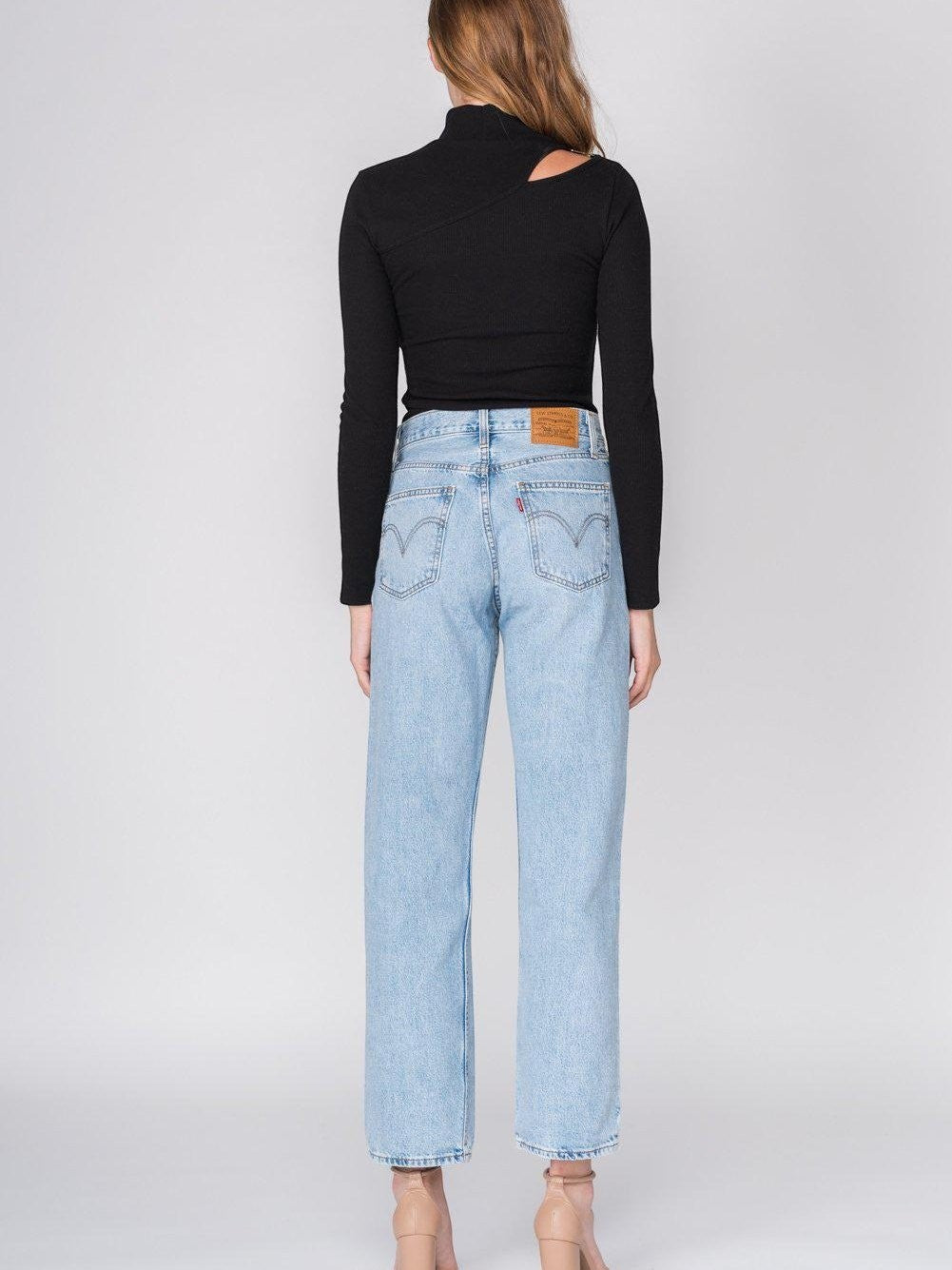 CAL JUNE black ribbed knit long-sleeve mock neck top with a cutout detail on the shoulder.