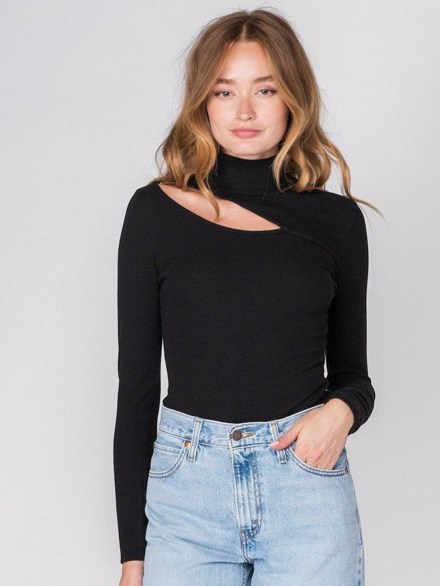 CAL JUNE black ribbed knit long-sleeve top with mock neck and asymmetrical cutout detail.