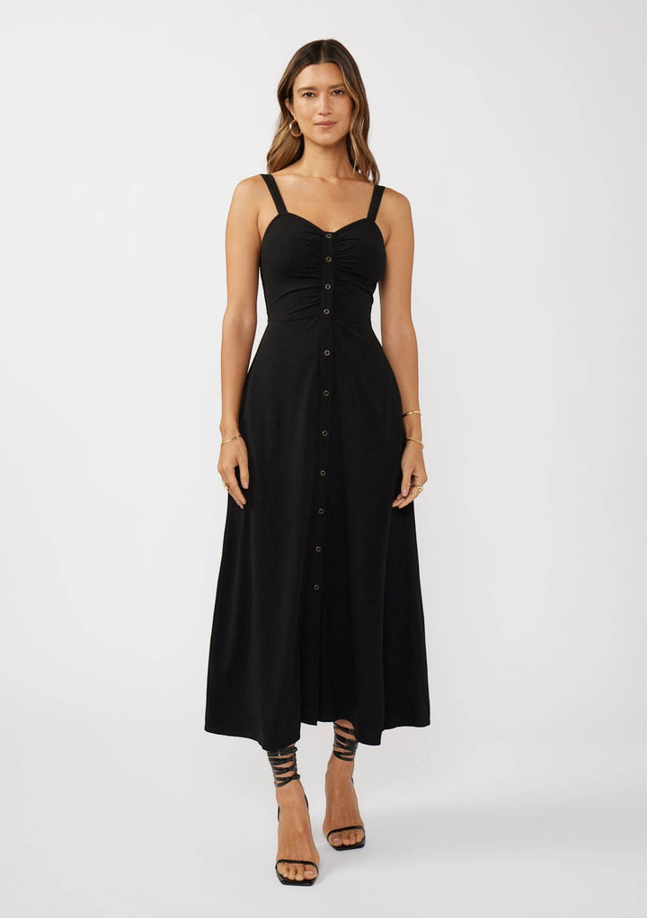 CAL JUNE black ruched button-front maxi dress with spaghetti straps and a sweetheart neckline.