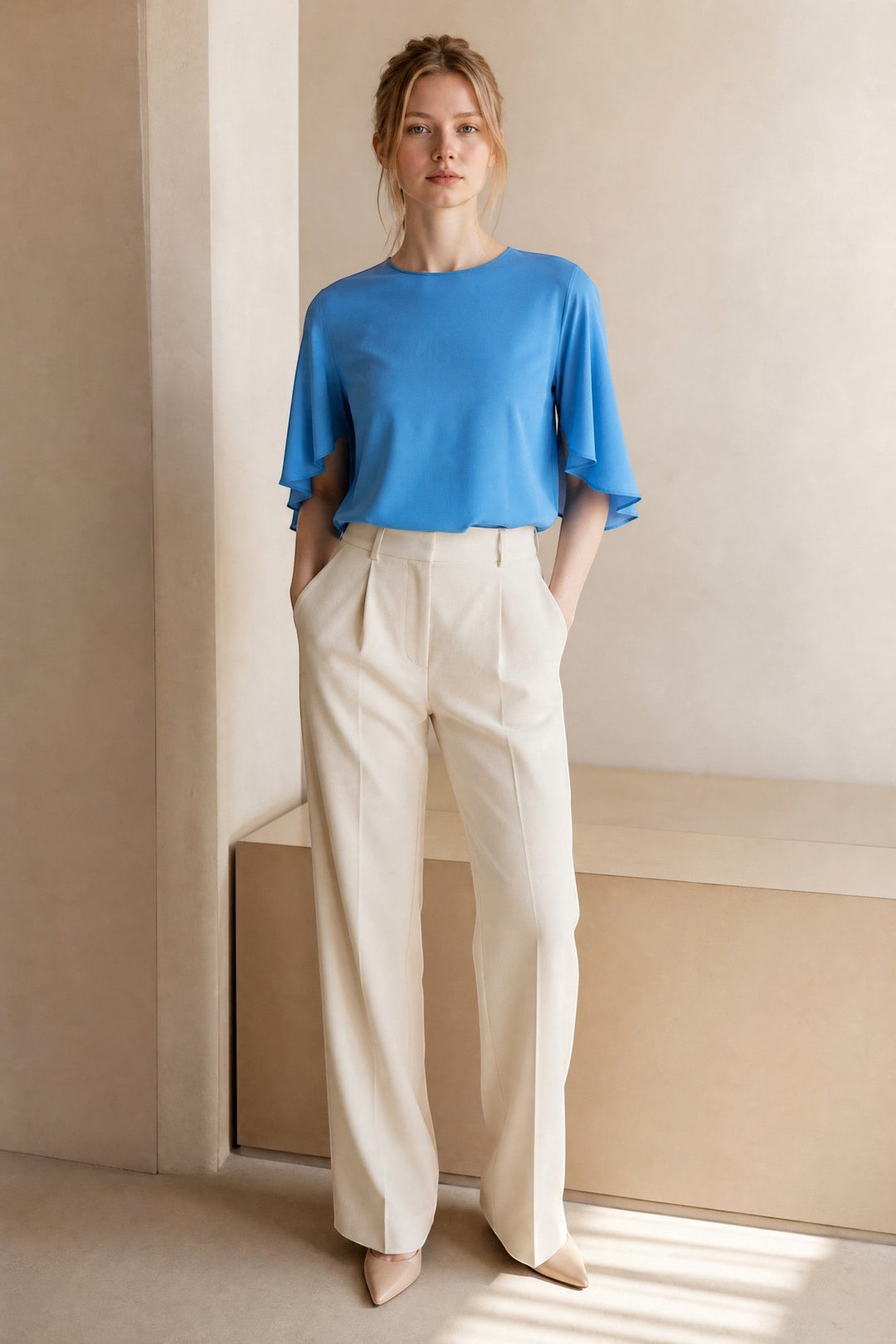 CAL JUNE blue short-sleeve Marais blouse with flutter sleeves, worn by a model with cream wide-leg trousers.