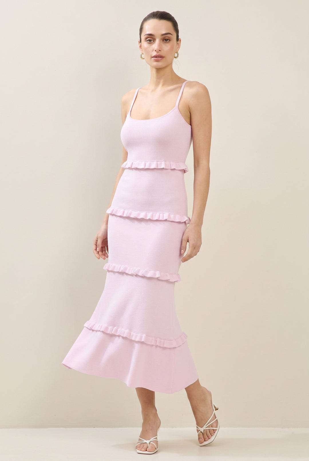 CAL JUNE blush pink knit tiered midi dress with spaghetti straps and ruffle details.