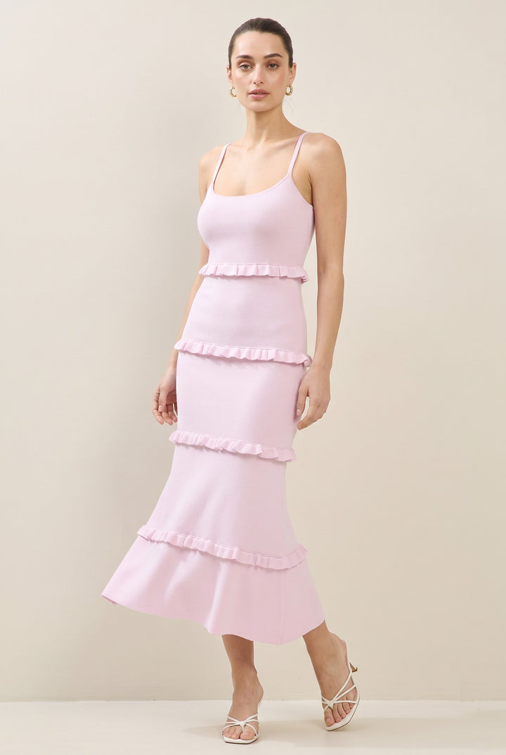 CAL JUNE blush pink knit tiered midi dress with spaghetti straps and ruffle details.