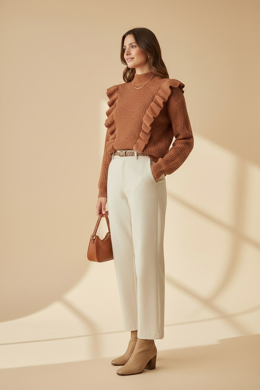 CAL JUNE brown ribbed knit sweater with ruffle detailing on shoulders and neckline, paired with cream trousers.