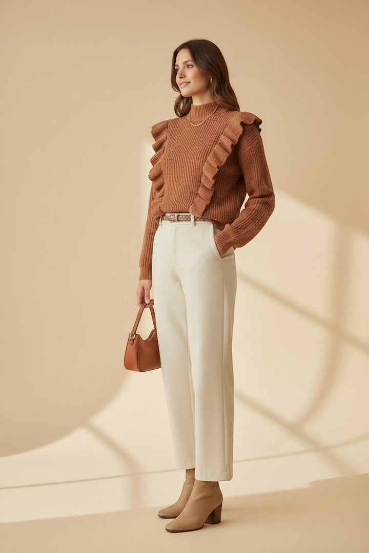 CAL JUNE brown ribbed knit sweater with ruffle detailing on shoulders and neckline, paired with cream trousers.