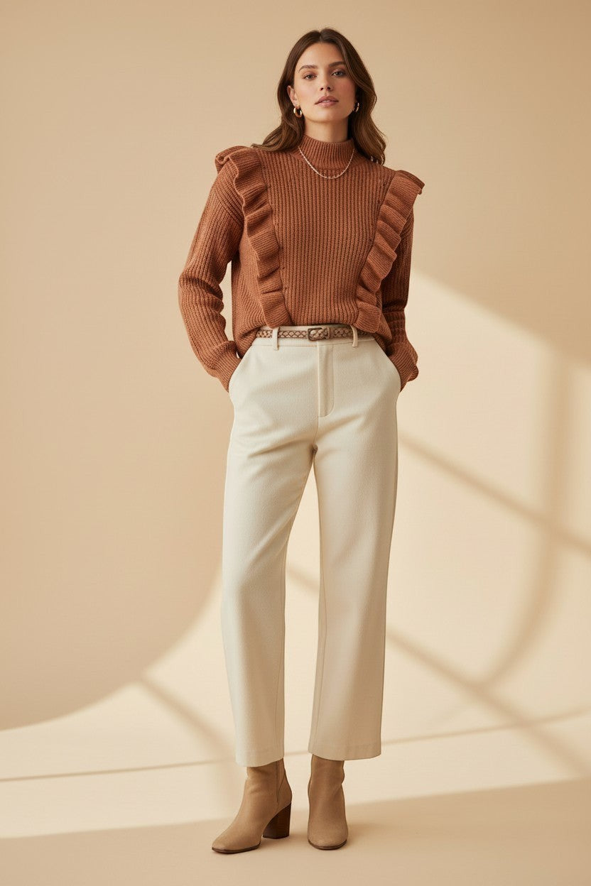 CAL JUNE brown ribbed knit sweater with ruffle detailing on shoulders and chest, worn by a model.