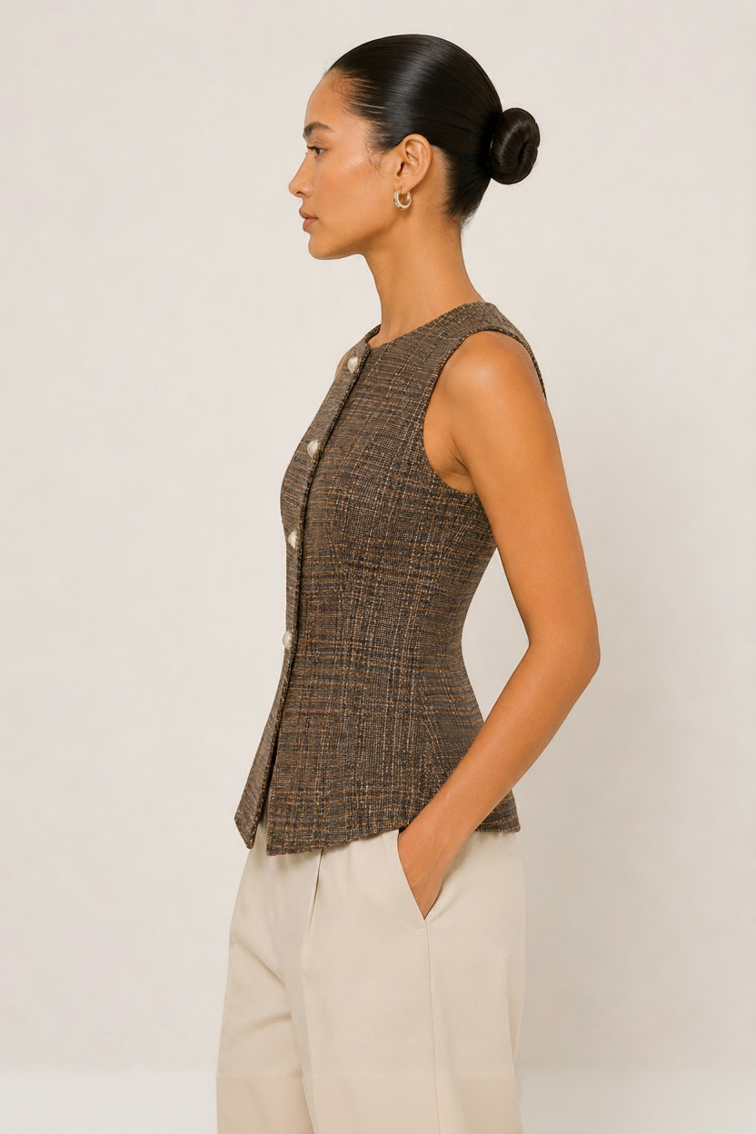 CAL JUNE Solstice tailored brown tweed vest with pearl-inspired buttons worn by a model in profile view