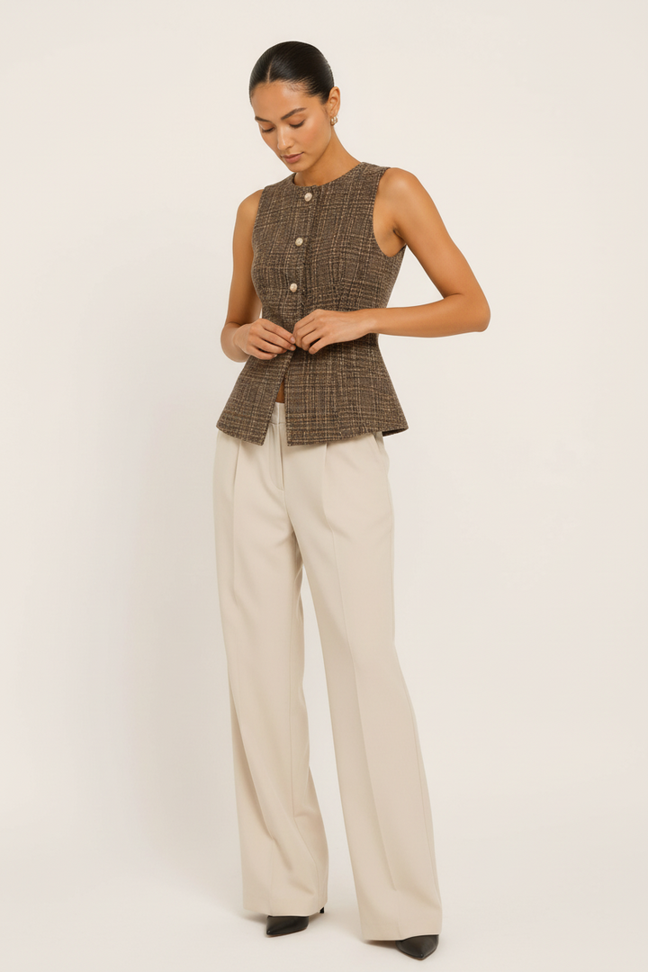 CAL JUNE Solstice tailored brown tweed vest with pearl-inspired buttons worn with cream trousers on a model