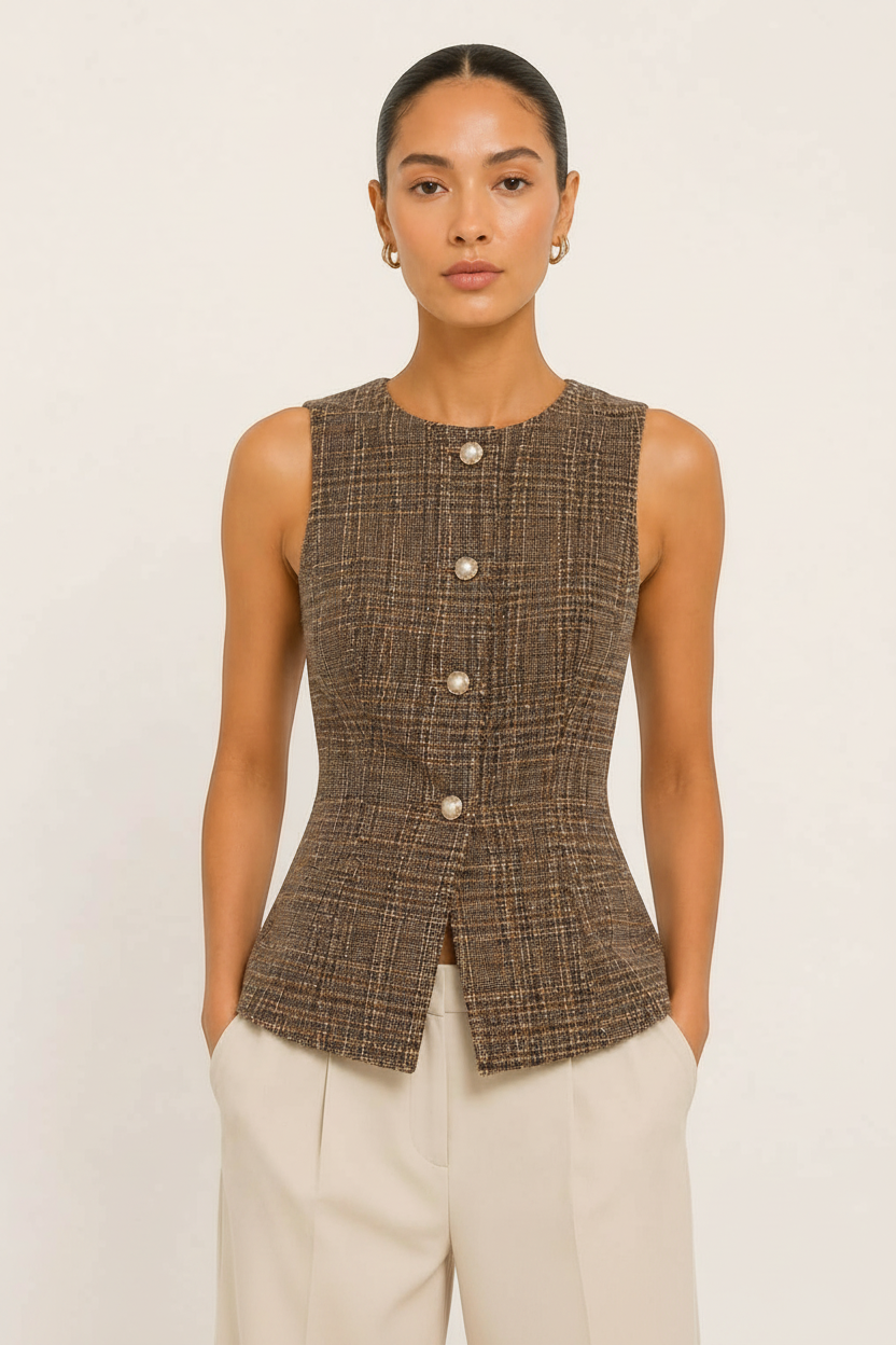 Model wearing a CAL JUNE brown tweed vest with a fitted silhouette and pearl-inspired buttons over cream trousers.