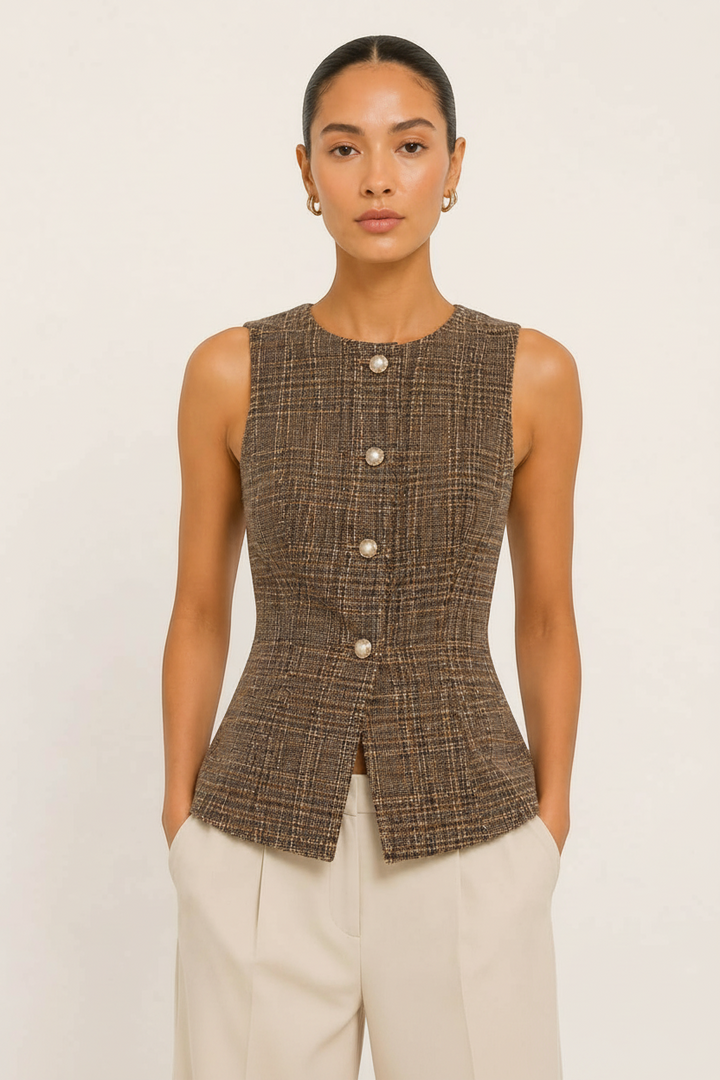 Model wearing a CAL JUNE brown tweed vest with a fitted silhouette and pearl-inspired buttons over cream trousers.