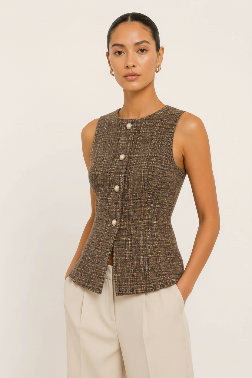 CAL JUNE Solstice tailored brown tweed vest with pearl-inspired buttons and a fitted sleeveless silhouette.