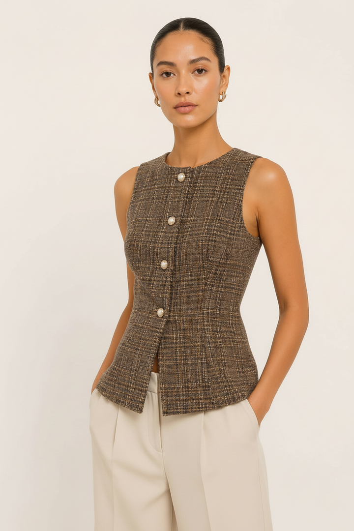 CAL JUNE Solstice tailored brown tweed vest with pearl-inspired buttons and a fitted sleeveless silhouette.