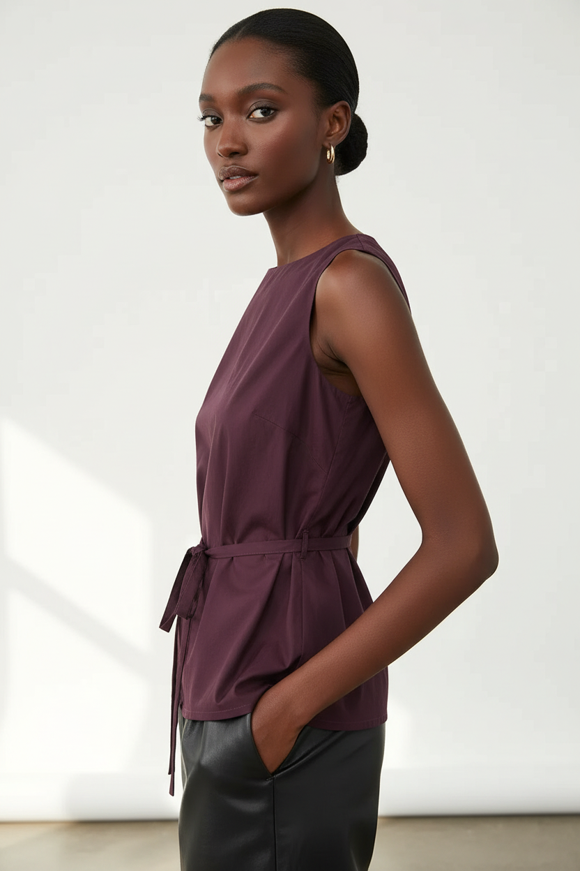 CAL JUNE Ursuline sleeveless burgundy tunic top with boat neckline and waist tie worn by a model in profile view