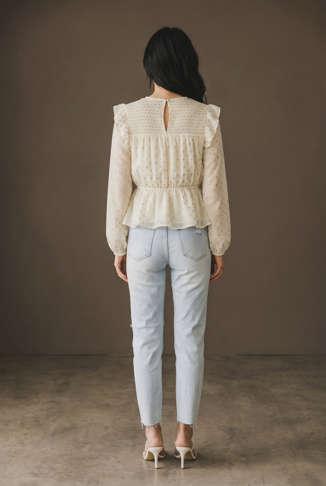 CAL JUNE Celine Blouse: cream, long-sleeve, peplum blouse with gold polka dots, smocked bodice, and ruffled neckline.