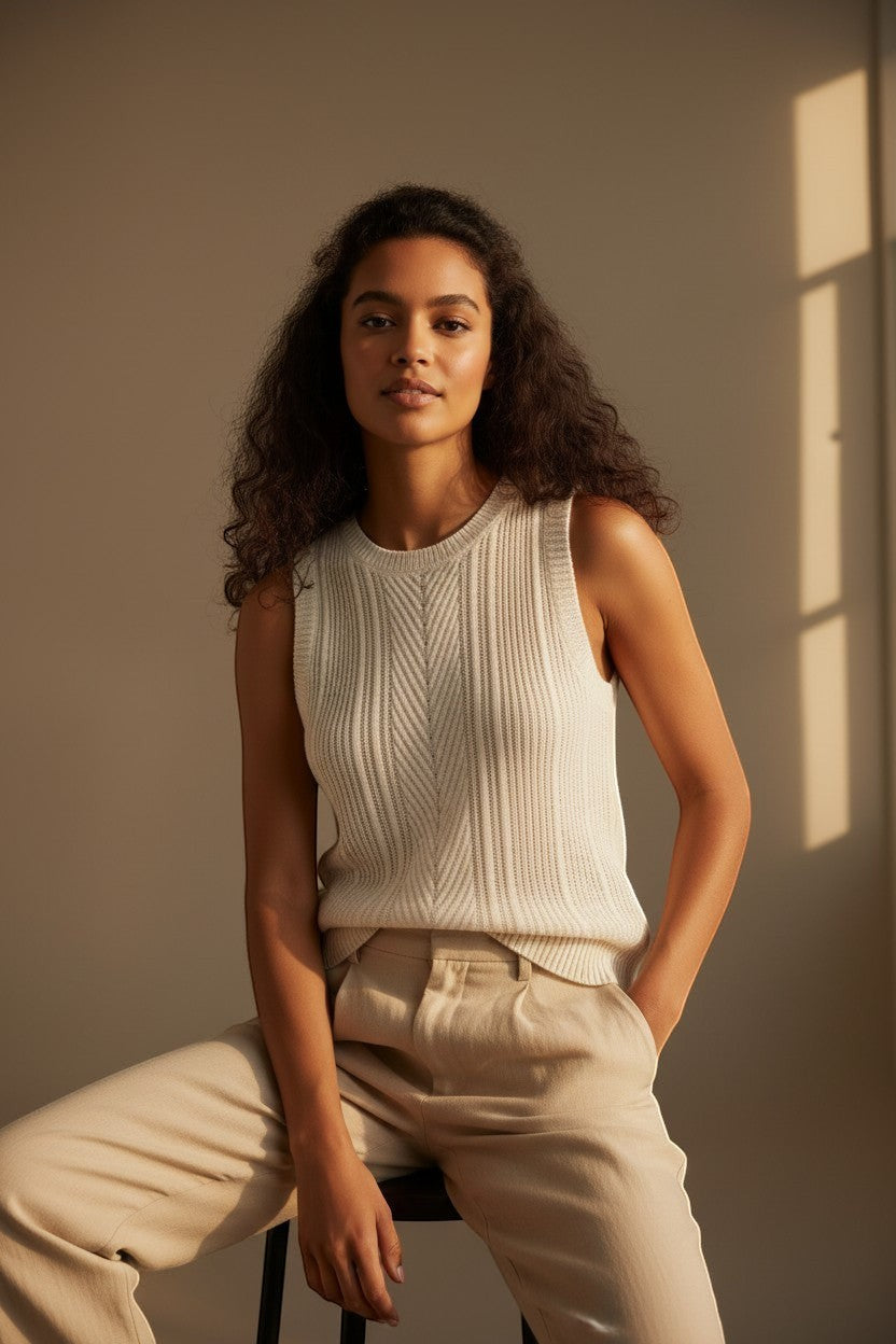 CAL JUNE The Celine Camisole Top in cream knit with chevron detail. Model wears size Small.