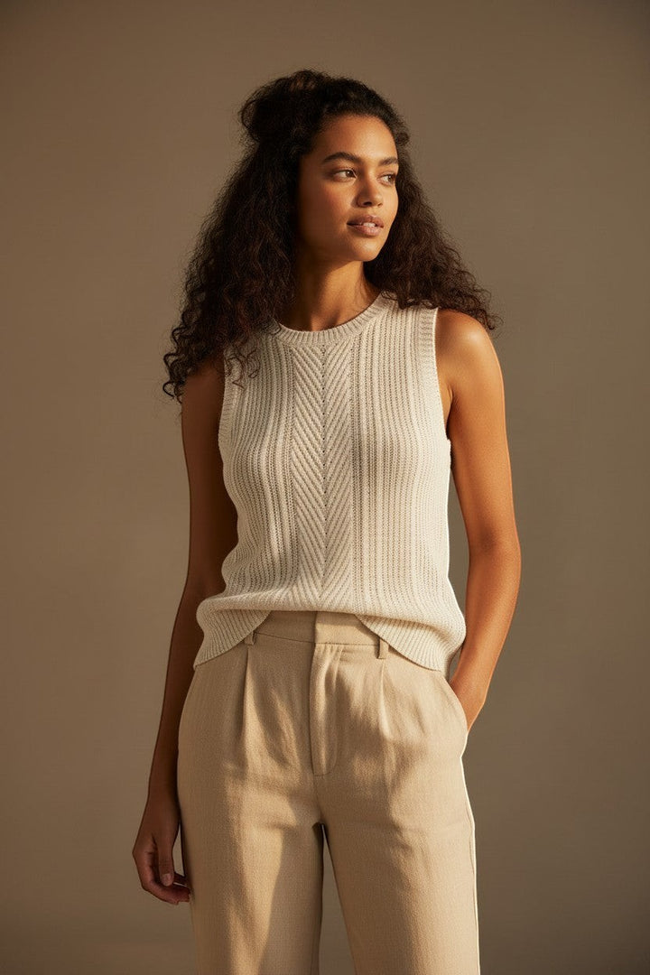 CAL JUNE The Celine Camisole Top in cream knit with chevron detail. Model wears size Small.