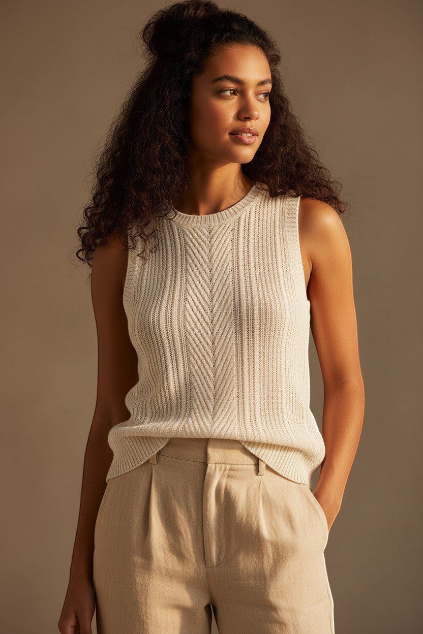 CAL JUNE cream knit sleeveless camisole top with chevron stitch detail. Model wears size S.