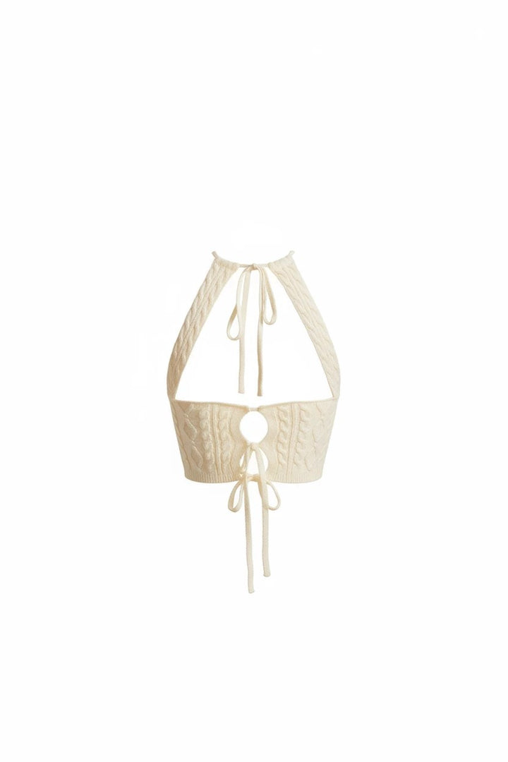 CAL JUNE cream knit halter top with cable knit detailing and tie closure