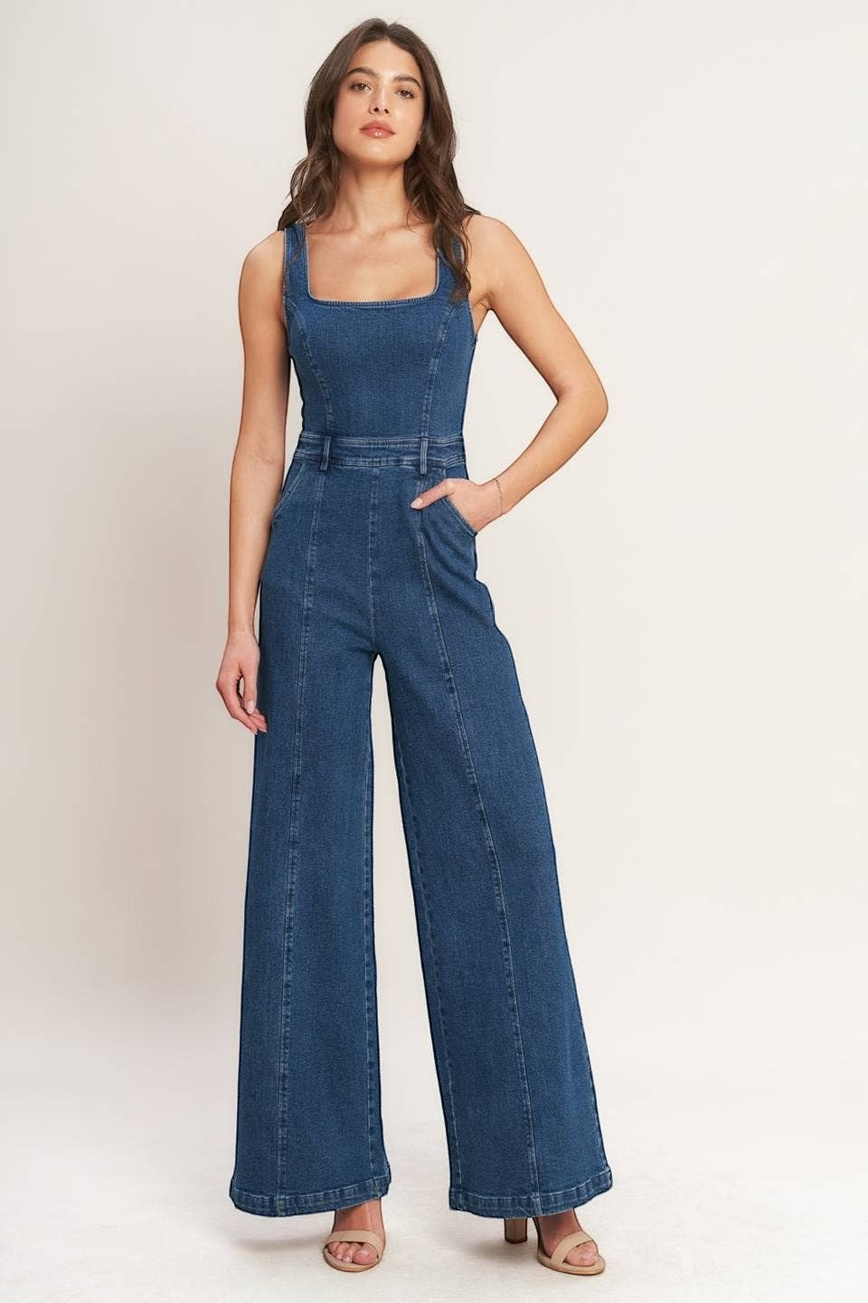 CAL JUNE blue denim wide-leg jumpsuit with square neckline and matching belt
