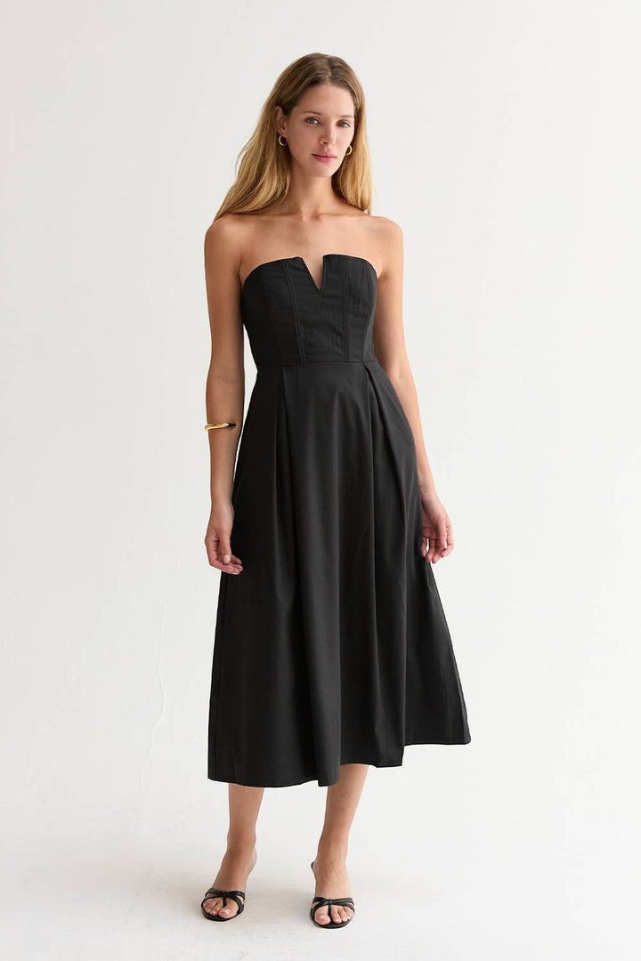 CAL JUNE Elara Strapless Midi Dress in black, featuring a structured bodice with V-wire neckline and pleated skirt.