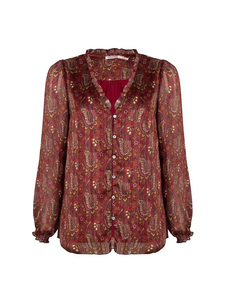 CAL JUNE The Elizabeth Ruffle Blouse, deep red paisley print sheer blouse with ruffle neckline and cuffs.