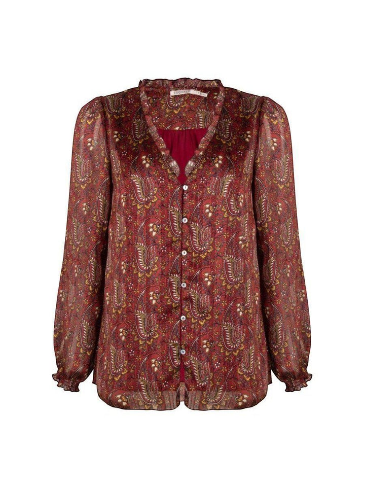 CAL JUNE The Elizabeth Ruffle Blouse, deep red paisley print sheer blouse with ruffle neckline and cuffs.