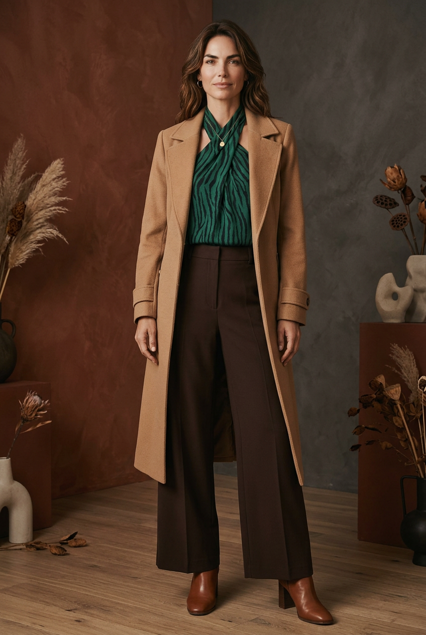 CAL JUNE emerald green and black zebra print halter blouse with draped neckline, paired with cream blazer and beige trousers.
