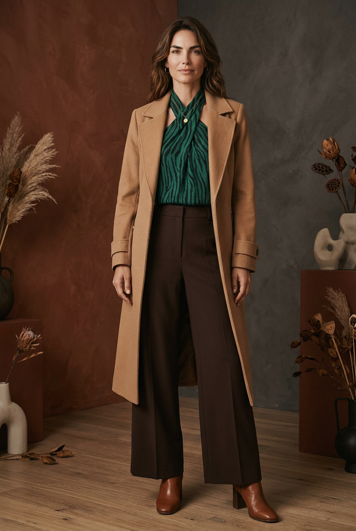 CAL JUNE emerald green and black zebra print halter blouse with draped neckline, paired with cream blazer and beige trousers.