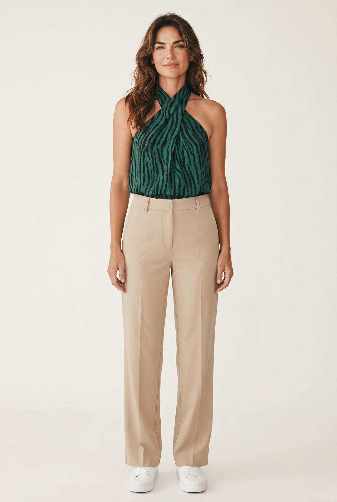 CAL JUNE emerald green and black zebra print halter blouse with draped neckline and open back.