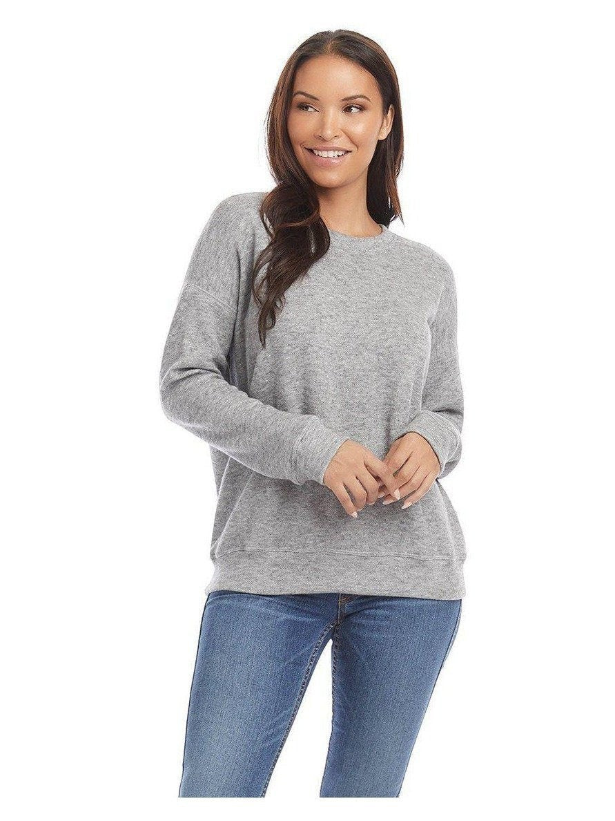 CAL JUNE grey knit sweater top with crew neck and long sleeves, worn by a model with blue jeans.
