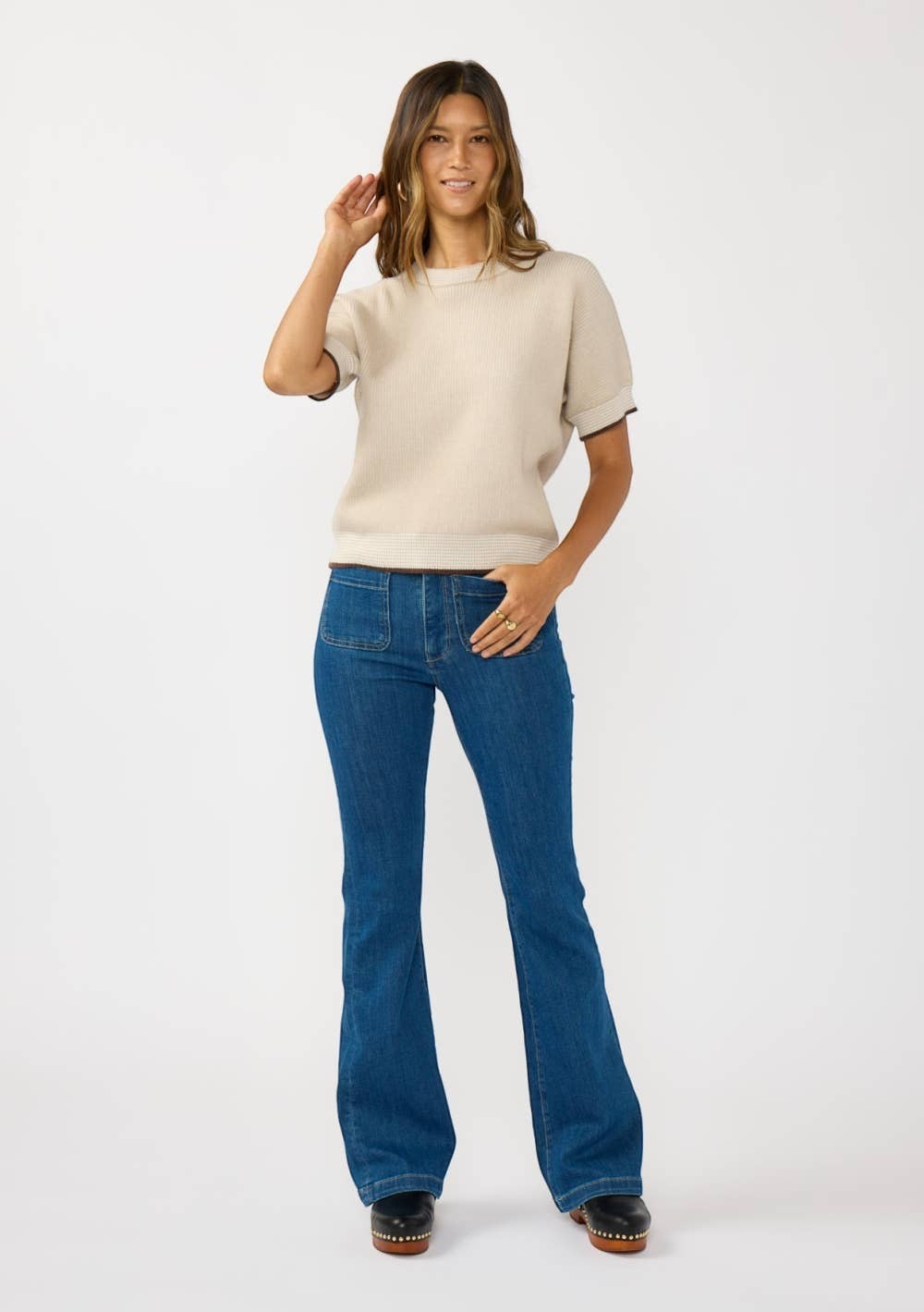 CAL JUNE The Jade Contrast Trim Top in beige, a short-sleeve sweater with contrast trim details.