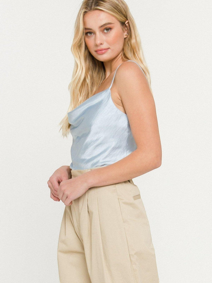 CAL JUNE light blue satin cowl neck camisole top with spaghetti straps