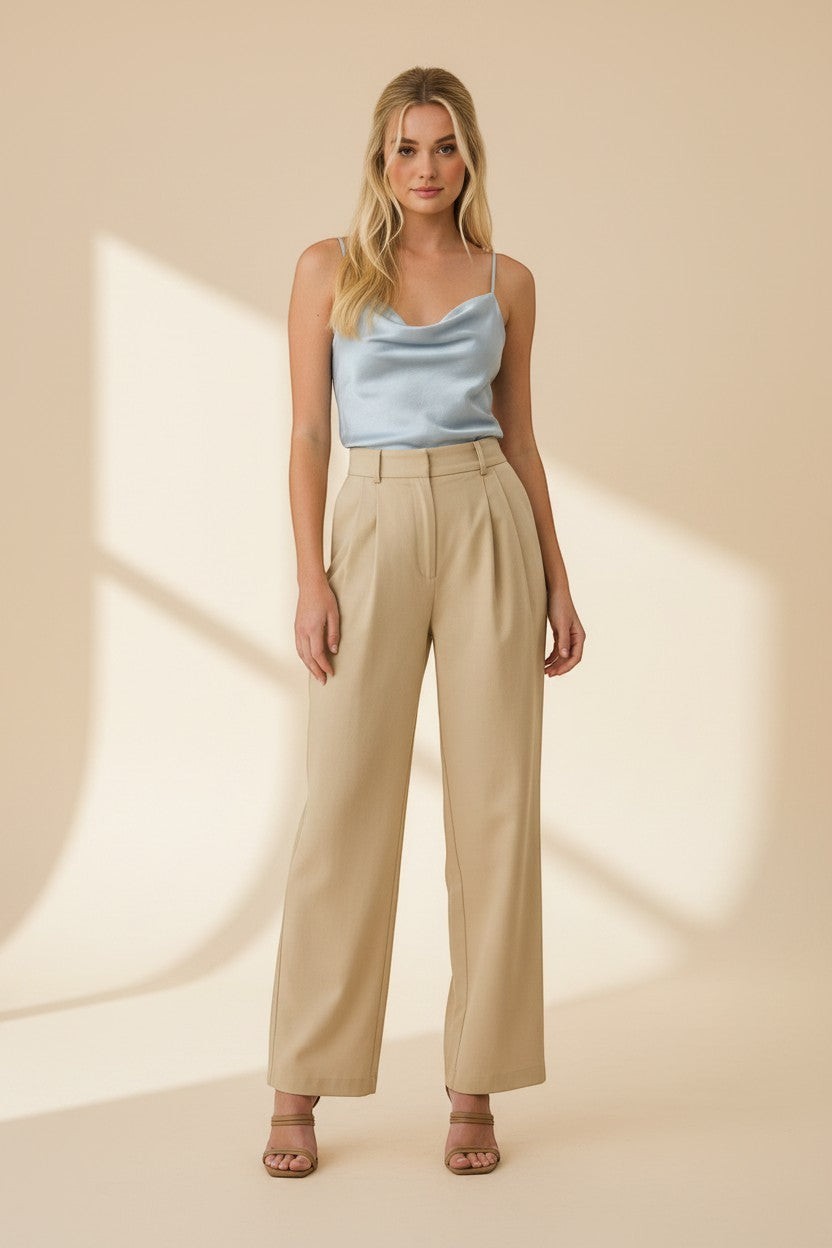 CAL JUNE light blue satin cowl neck camisole top with spaghetti straps.