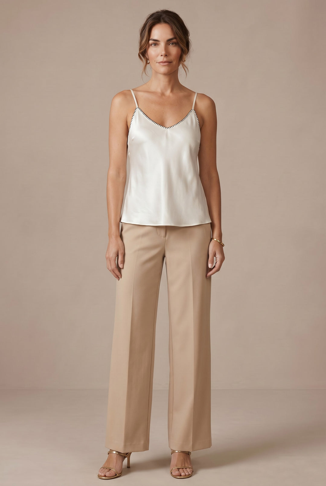 CAL JUNE cream lustrous camisole top with whipstitch detail on neckline and straps.