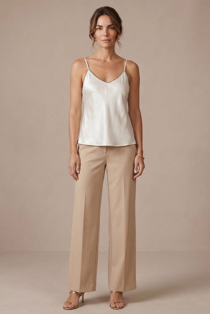 CAL JUNE cream lustrous camisole top with whipstitch detail on neckline and straps.