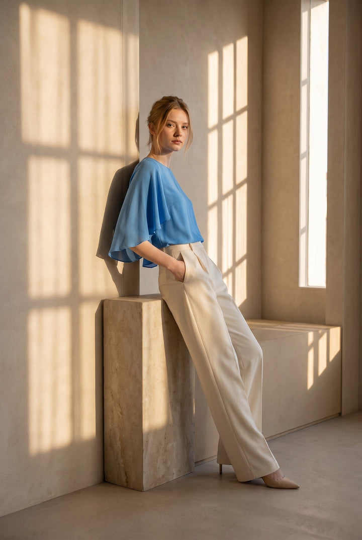CAL JUNE The Marais Blouse in sky blue, a refined and feminine top with flowing sleeves, styled with cream trousers.