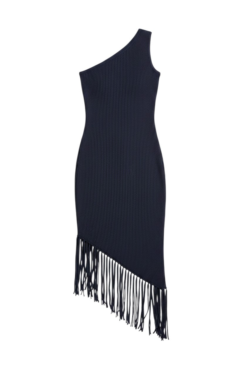 CAL JUNE navy ribbed knit one-shoulder midi dress with asymmetric fringe hem detail