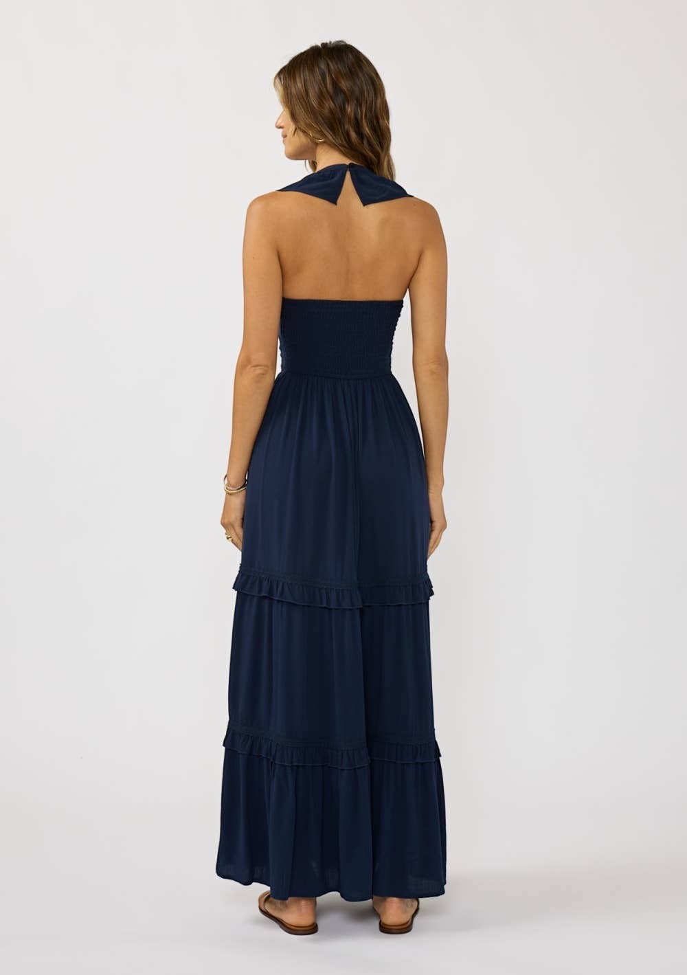 CAL JUNE navy blue tiered ruffle maxi dress with smocked bodice and halter neckline