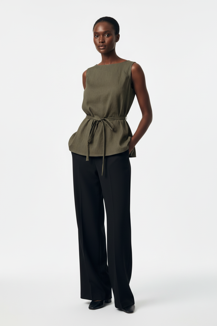Model wearing a CAL JUNE olive sleeveless cinched tunic top with a boat neckline and waist tie, paired with trousers.