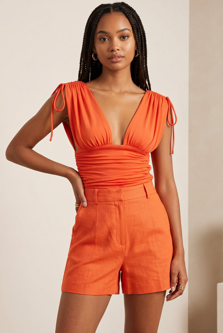 CAL JUNE orange ruched V-neck sleeveless top with tie shoulder straps