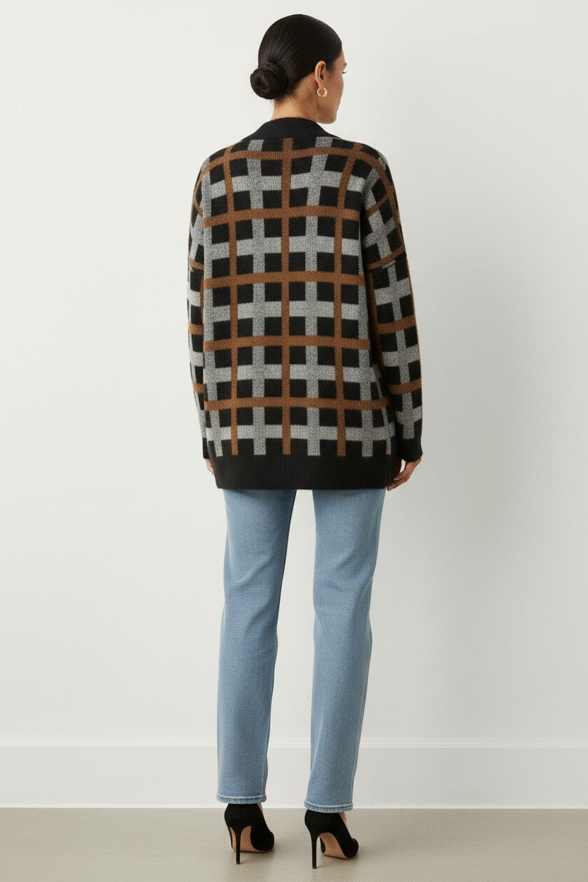 CAL JUNE Briseis oversized tri-color knit cardigan with a black, grey, and brown grid pattern, back view
