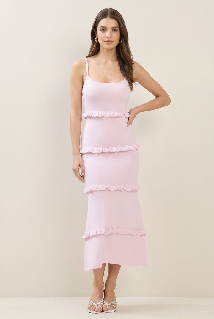 CAL JUNE blush pink knit tiered midi dress with spaghetti straps and ruffle details. Fitted bodice, flowing skirt.
