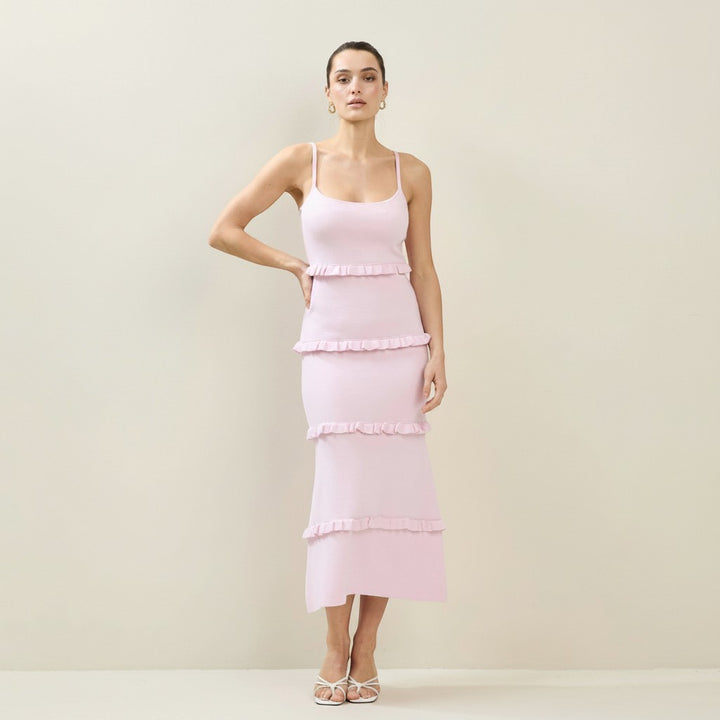 CAL JUNE blush pink knit tiered midi dress with spaghetti straps and ruffle trim. Fitted bodice, flowing skirt.