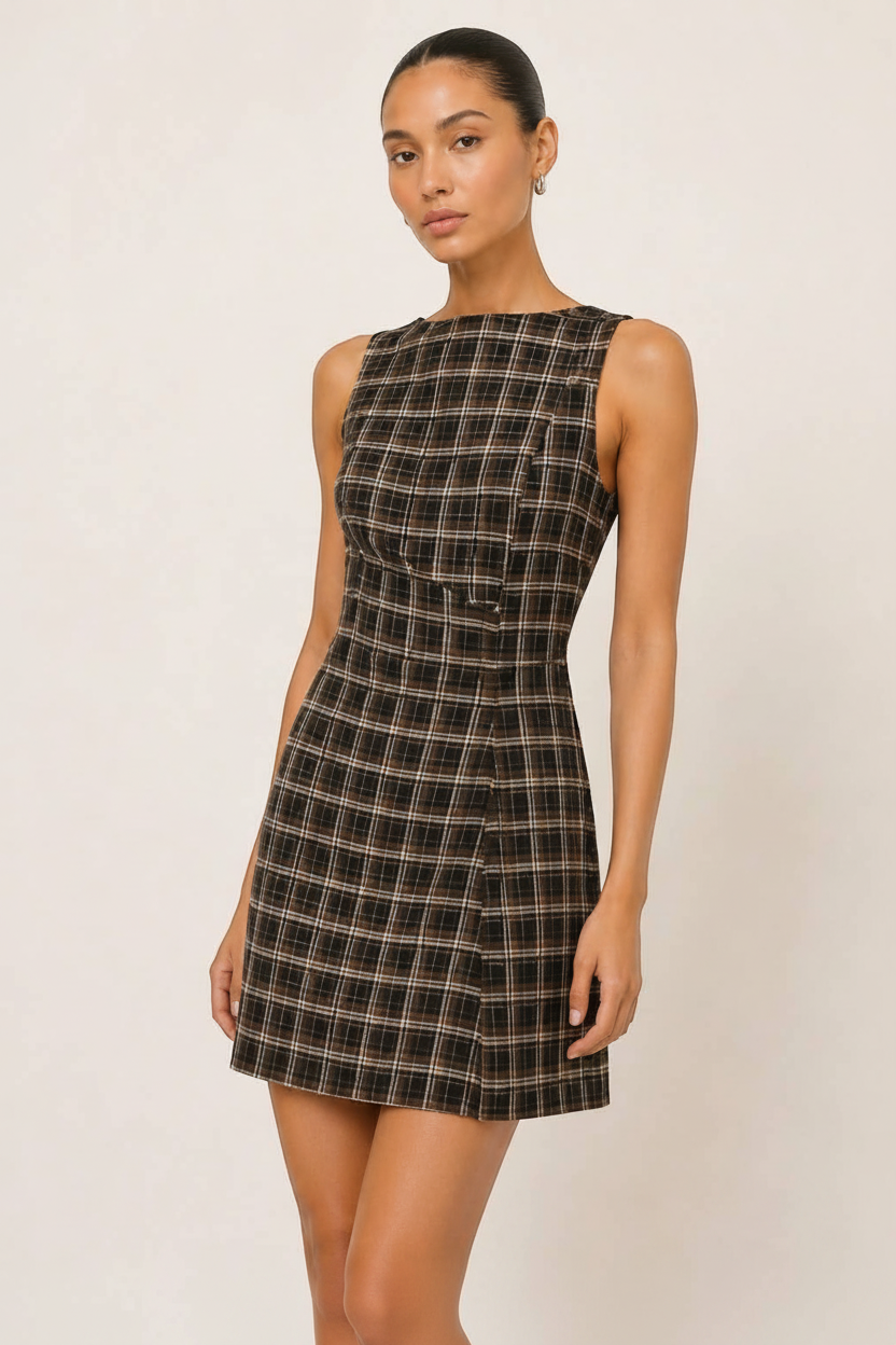 Model wearing a CAL JUNE sleeveless brown plaid mini dress with a tailored silhouette against a neutral background.